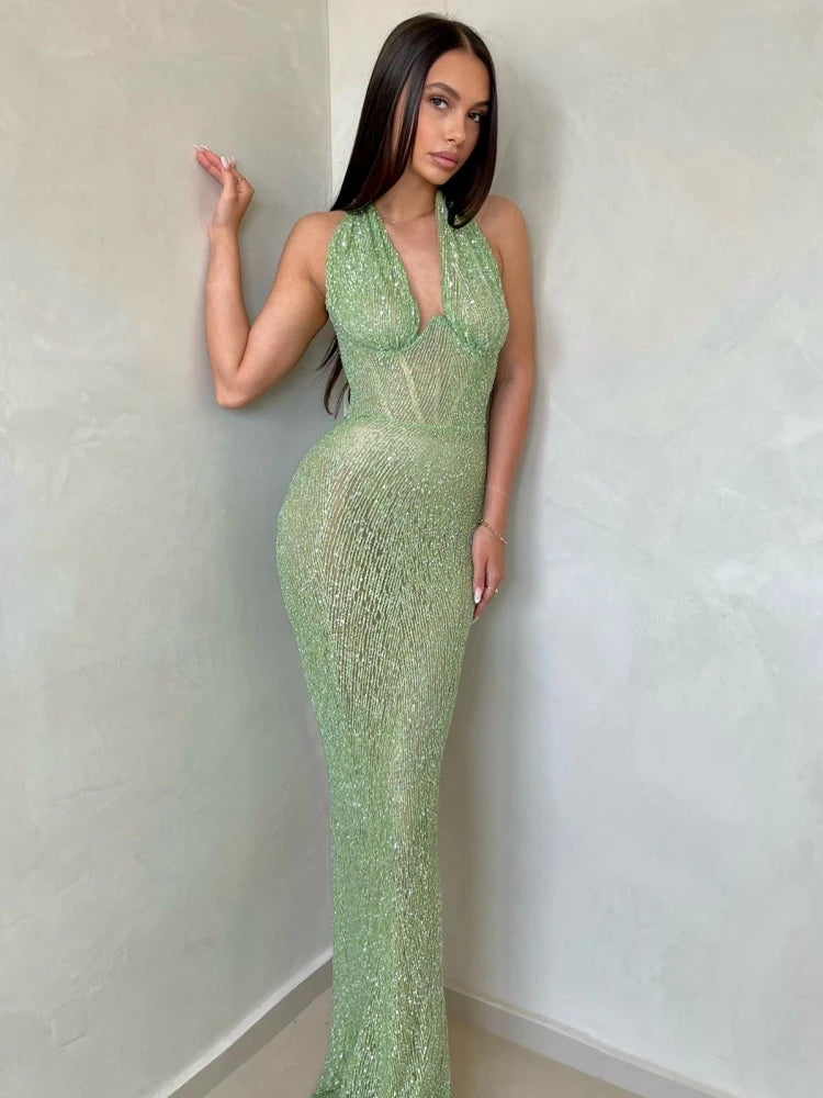 Sexy Halter V Neck Sequins Maxi Dress