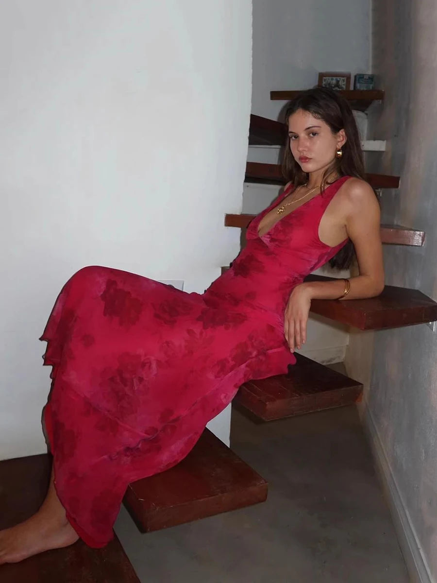 Rojo Elegant V-neck Rose Long Dress