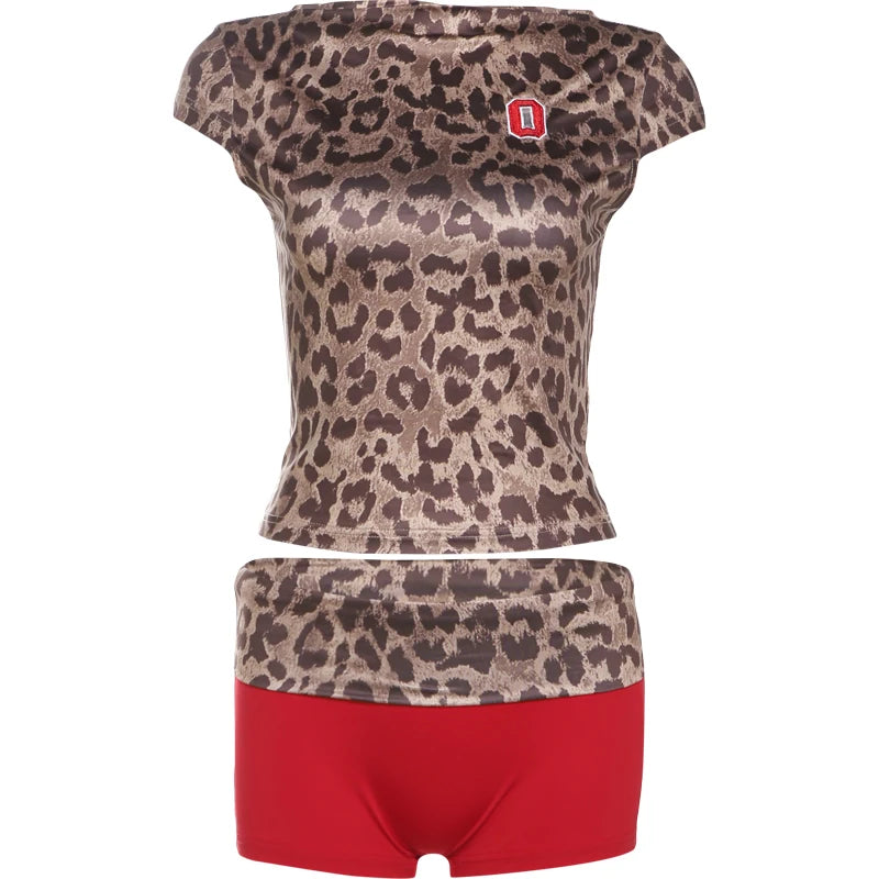 Leopard 2 Piece Set Shorts + Crop Top