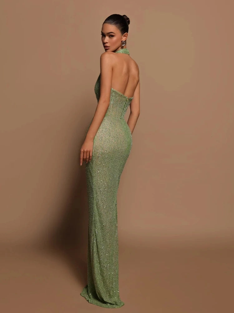 Sexy Halter V Neck Sequins Maxi Dress